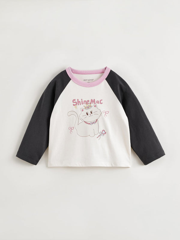 MARC & JANIE Baby Girls Cat Printed Plunger Sleeve Cotton T-Shirt 250235