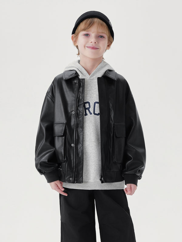 MARC & JANIE Boys Girls Loose Lapel Leather Zip Snap Button Coat 241016