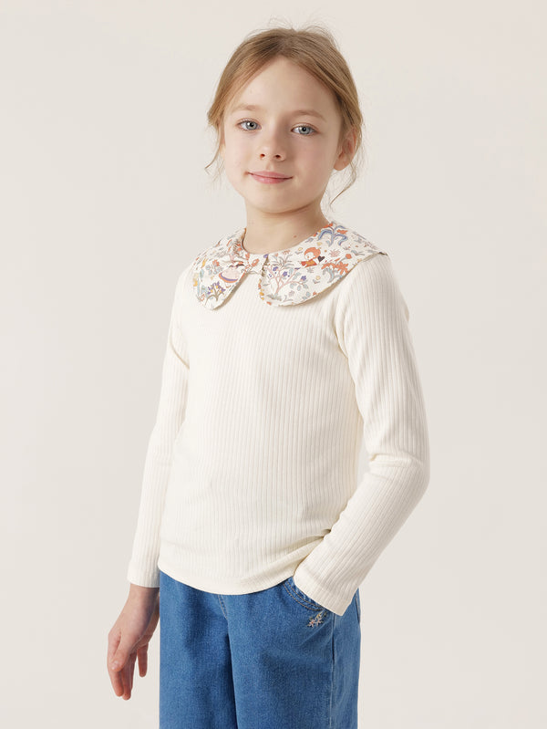 MARC & JANIE Girls Floral Bow Peter Pan Collar Stretch T-shirt 240187