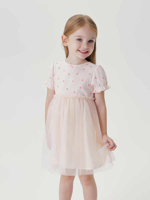 MARC & JANIE Girls Floral Ribbed Bubble Sleeve Mesh Dress Princess Dress 240722