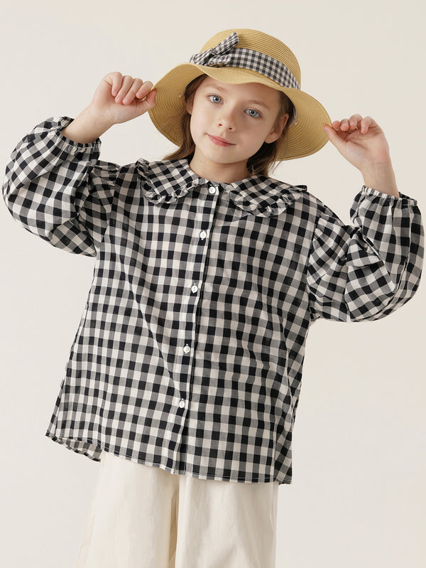 MARC & JANIE Girls Black White Plaid Peter Pan Collar Shirt Blouse 240168