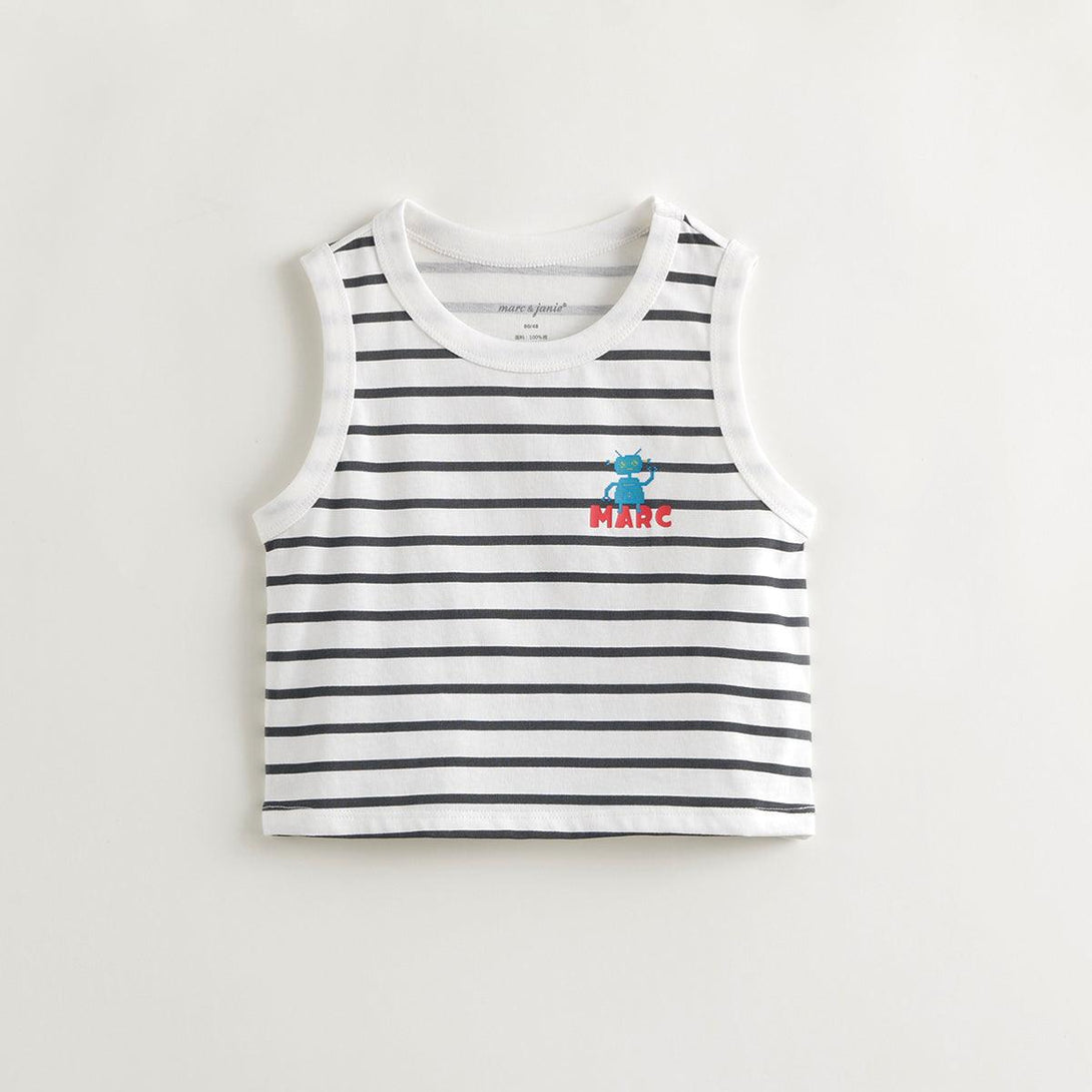 Boys Black and White Striped Robot Tank Top 240532 - MARC&JANIE