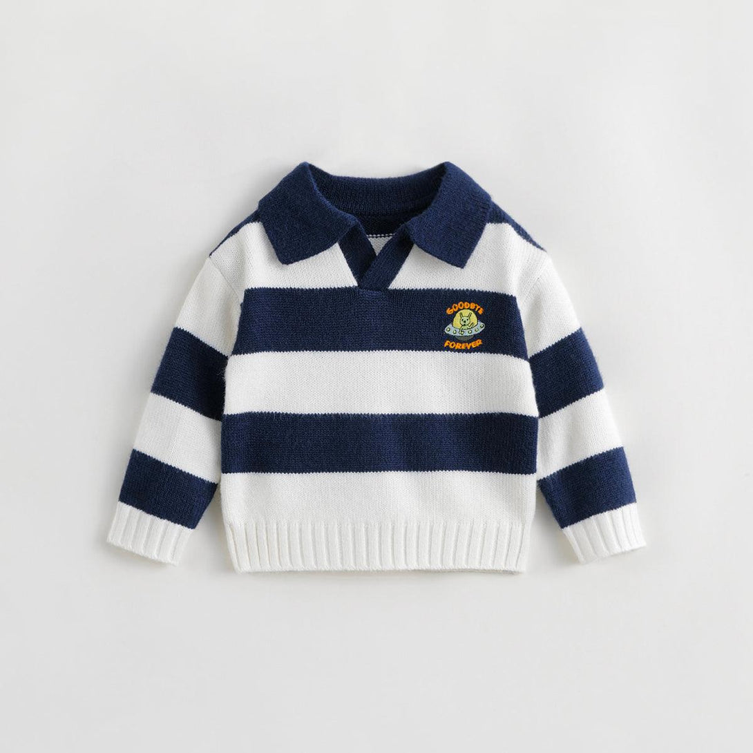 MARC&JANIE Boys Soft Blue Velvet Striped Knit Children's Sweater for Winter 231832 - MARC&JANIE