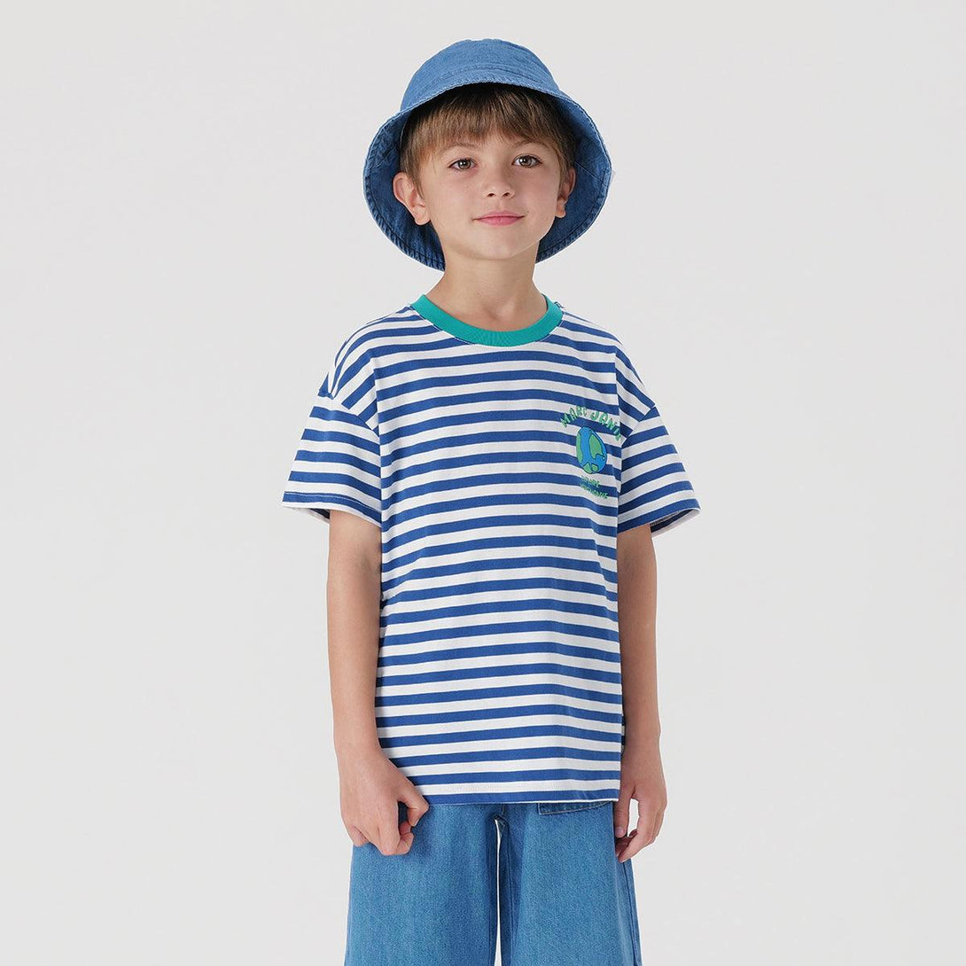 MARC&JANIE Boys Navy Style Earth Graffiti Striped Short Sleeve T-Shirt Kids Tops for Summer 240802 - MARC&JANIE