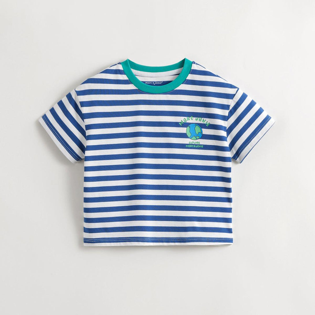 MARC&JANIE Boys Navy Style Earth Graffiti Striped Short Sleeve T-Shirt Kids Tops for Summer 240802 - MARC&JANIE