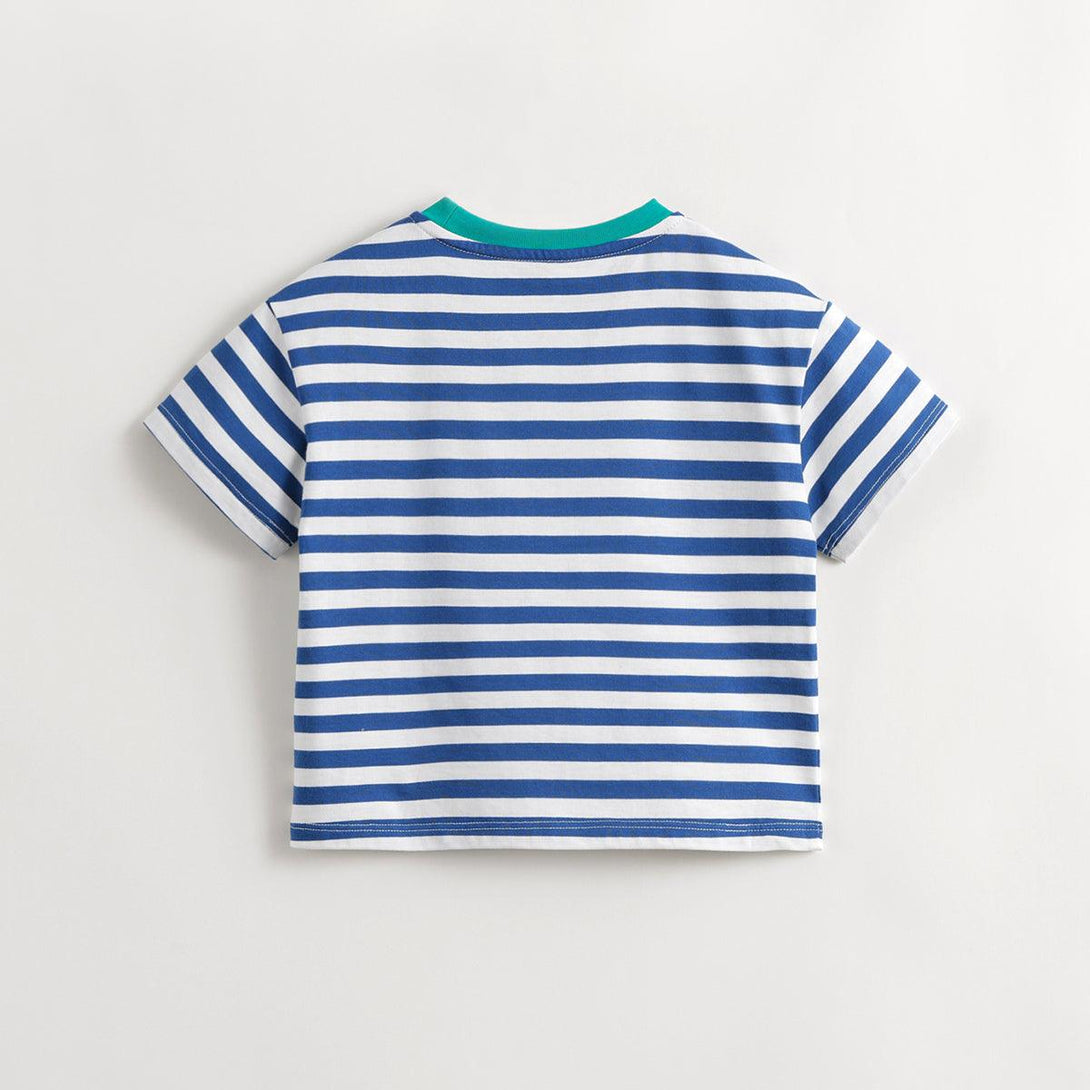 MARC&JANIE Boys Navy Style Earth Graffiti Striped Short Sleeve T-Shirt Kids Tops for Summer 240802 - MARC&JANIE