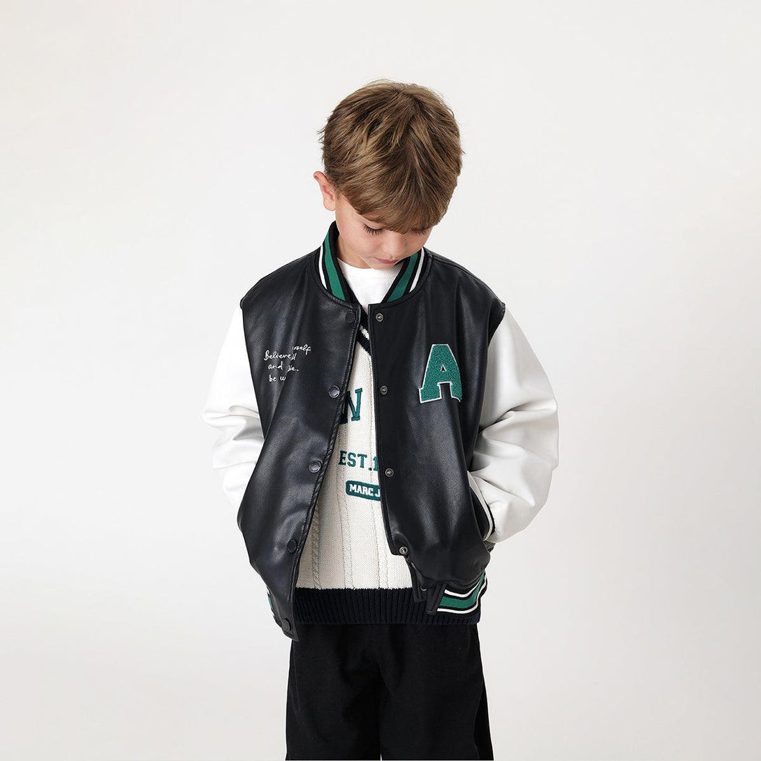 Boys Preppy Style Letter Leather Baseball Jacket 231155 - MARC&JANIE