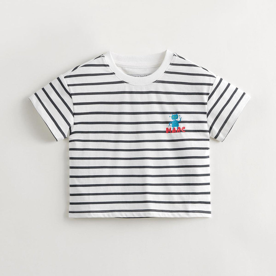 MARC&JANIE Boys Robot Striped Short Sleeve T-Shirt Kids Loose Cotton Top for Summer 240531 - MARC&JANIE