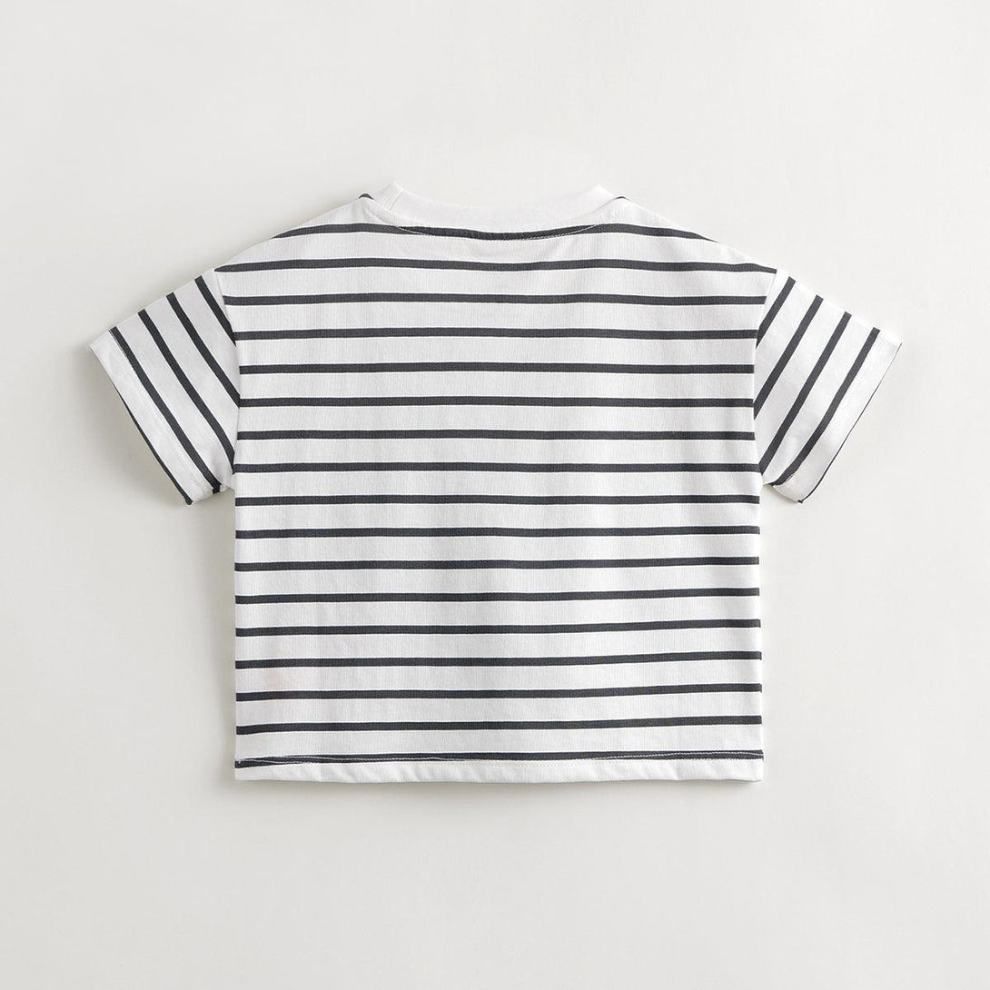 MARC&JANIE Boys Robot Striped Short Sleeve T-Shirt Kids Loose Cotton Top for Summer 240531 - MARC&JANIE