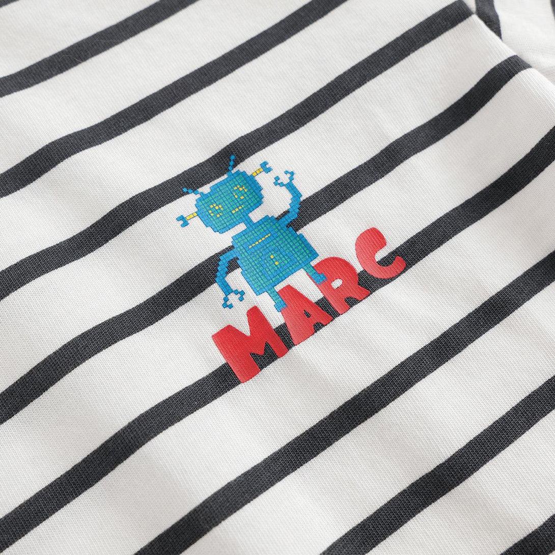 MARC&JANIE Boys Robot Striped Short Sleeve T-Shirt Kids Loose Cotton Top for Summer 240531 - MARC&JANIE