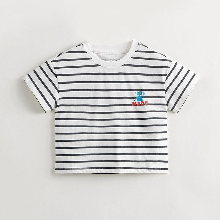 MARC&JANIE Boys Robot Striped Short Sleeve T-Shirt Kids Loose Cotton Top for Summer 240531 - MARC&JANIE