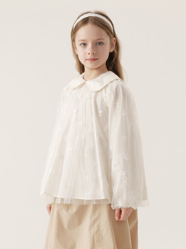 MARC & JANIE Girls Fun Embroidered Mesh Peter Pan Collar Shirt Blouse 240157