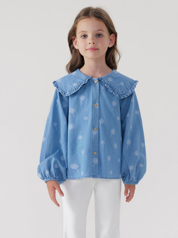 MARC & JANIE Girls Lace Peter Pan Collar Print Denim Shirt Kids Shirt 240112