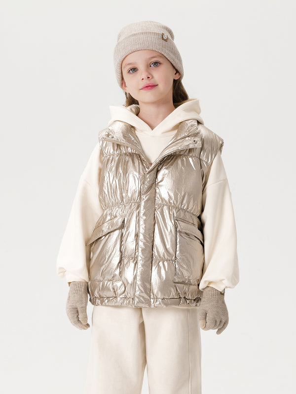 MARC & JANIE Girls Metallic Stand-up Collar Ultralight Down Vest 221657