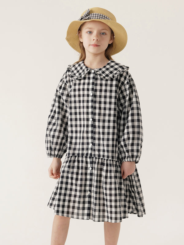 MARC & JANIE Girls Classic Black White Plaid Peter Pan Collar Dress 240160