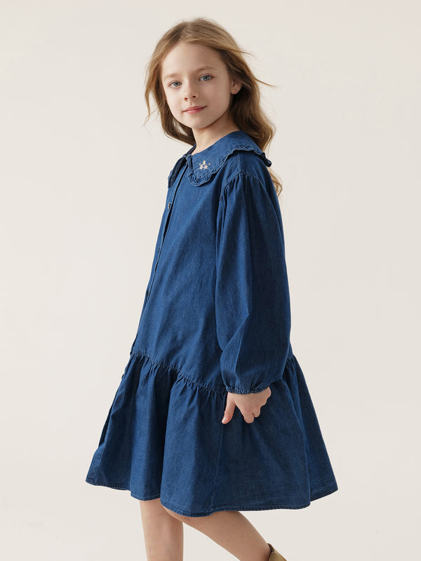 MARC & JANIE Girls Peter Pan Collar Embroidered Denim Dress 240163