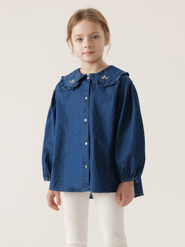 MARC & JANIE Girls Embroidered Peter Pan Collar Denim Shirt 240171