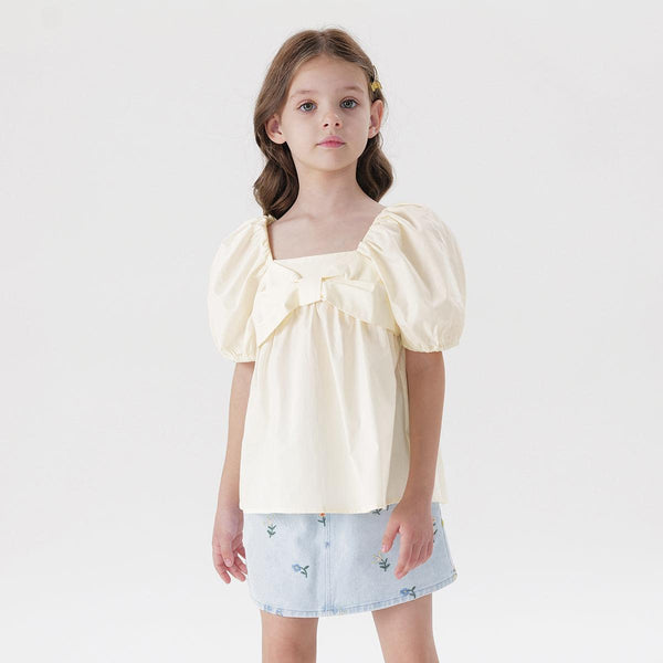 MARC&JANIE Girls Bubble Sleeve Big Bow Shirt Kids Cotton Blouse Sweet Charm Cute Tops for Summer 240701 - MARC&JANIE