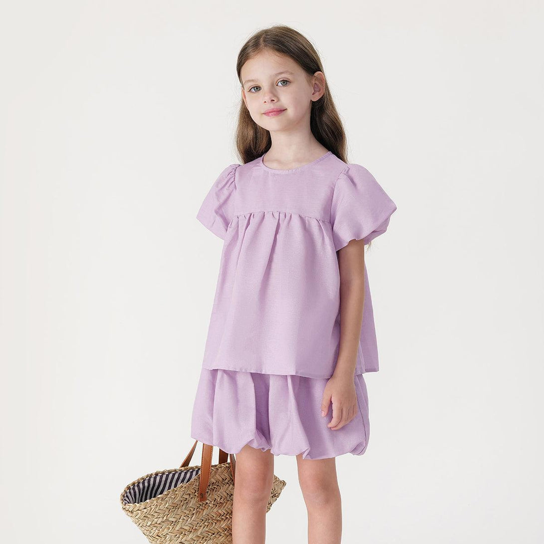 Girls Bubble Sleeve Cotton Linen Short Sleeve Two-Piece Set 240837 - MARC&JANIE