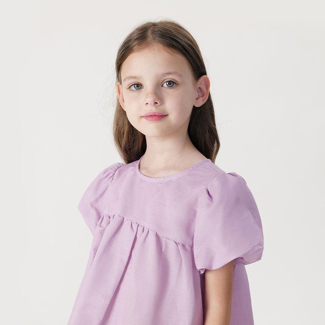 Girls Bubble Sleeve Cotton Linen Short Sleeve Two-Piece Set 240837 - MARC&JANIE