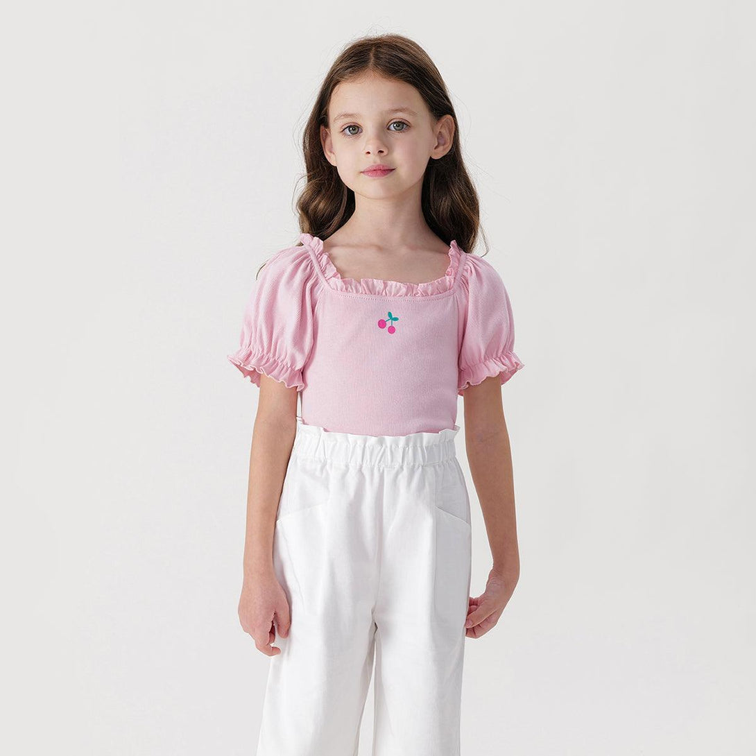 Girls Cherry Print Short Sleeve T-shirt with Bubble Sleeve and Lace Collar 240611 - MARC&JANIE