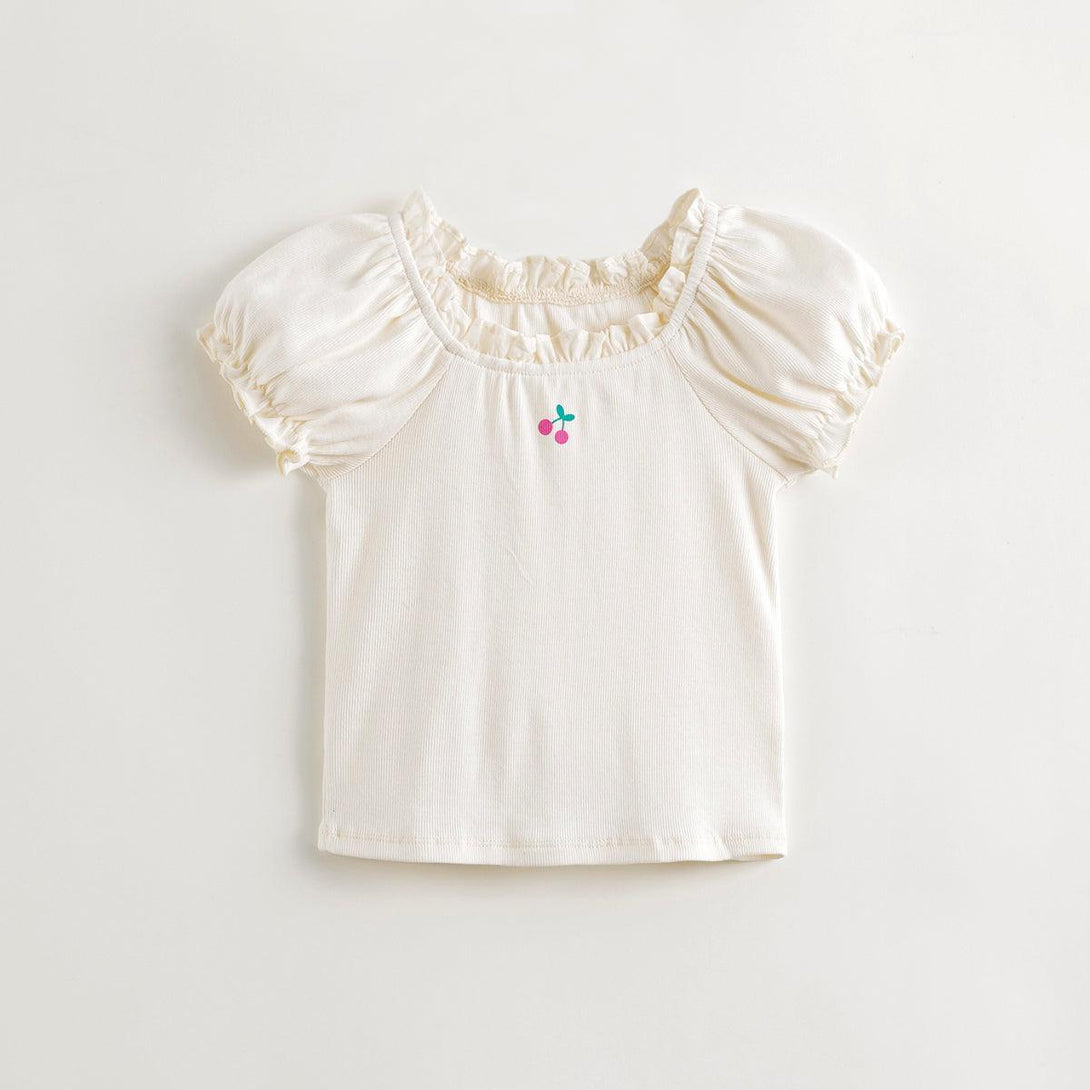 Girls Cherry Print Short Sleeve T-shirt with Bubble Sleeve and Lace Collar 240611 - MARC&JANIE