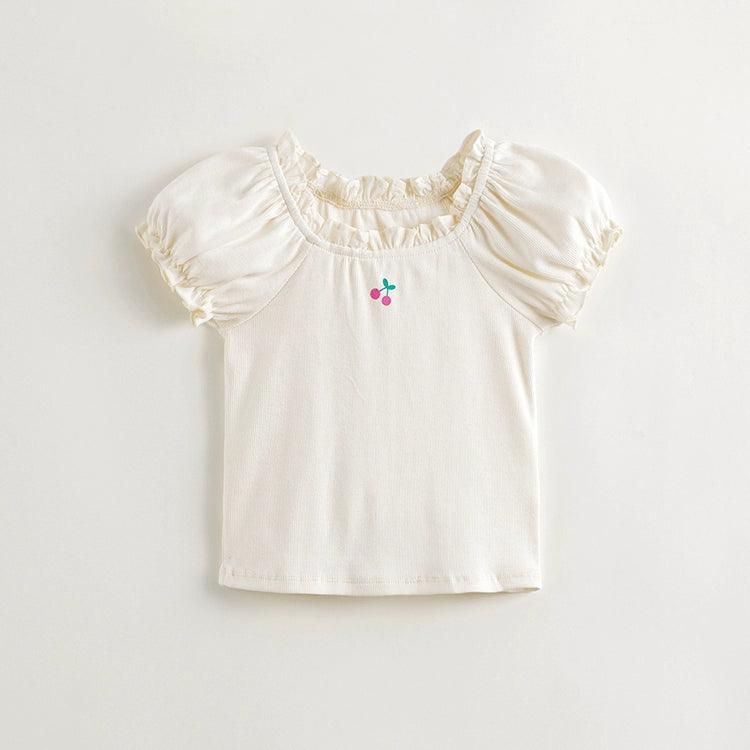 Girls Cherry Print Short Sleeve T-shirt with Bubble Sleeve and Lace Collar 240611 - MARC&JANIE