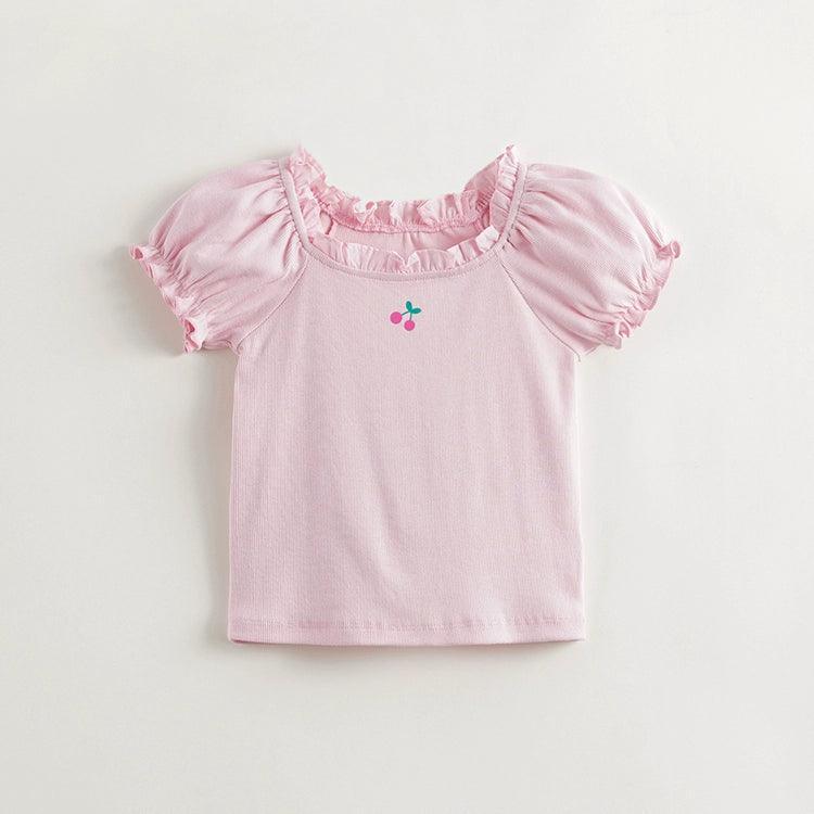 Girls Cherry Print Short Sleeve T-shirt with Bubble Sleeve and Lace Collar 240611 - MARC&JANIE