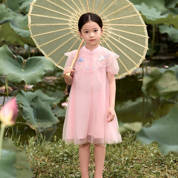 Girls Chinese Style Embroidery Cloud Shoulder Mesh Dress 240698 - MARC&JANIE