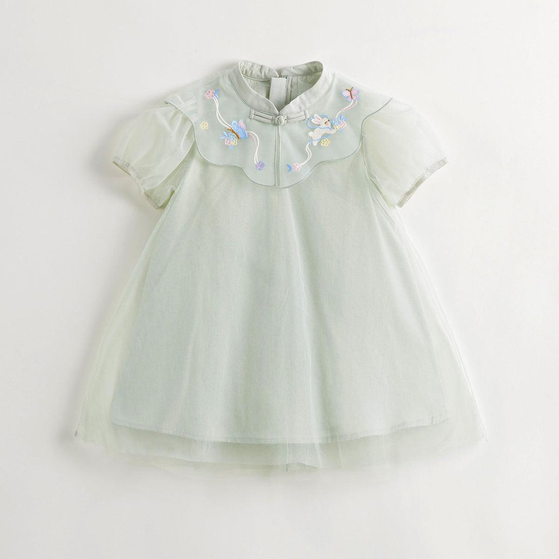 Girls New Chinese Embroidery Cloud Shoulder Mesh Dress 240698 - MARC&JANIE