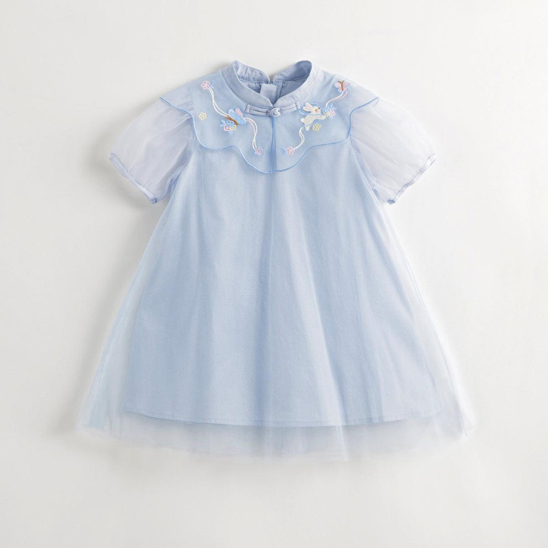 Girls New Chinese Embroidery Cloud Shoulder Mesh Dress 240698 - MARC&JANIE