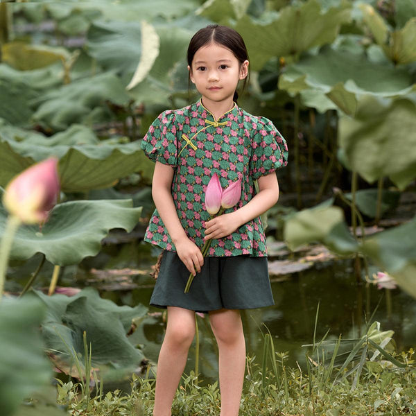 Girls Chinese Style Short Sleeve Cheongsam Collar Shorts Sets 230515 - MARC&JANIE