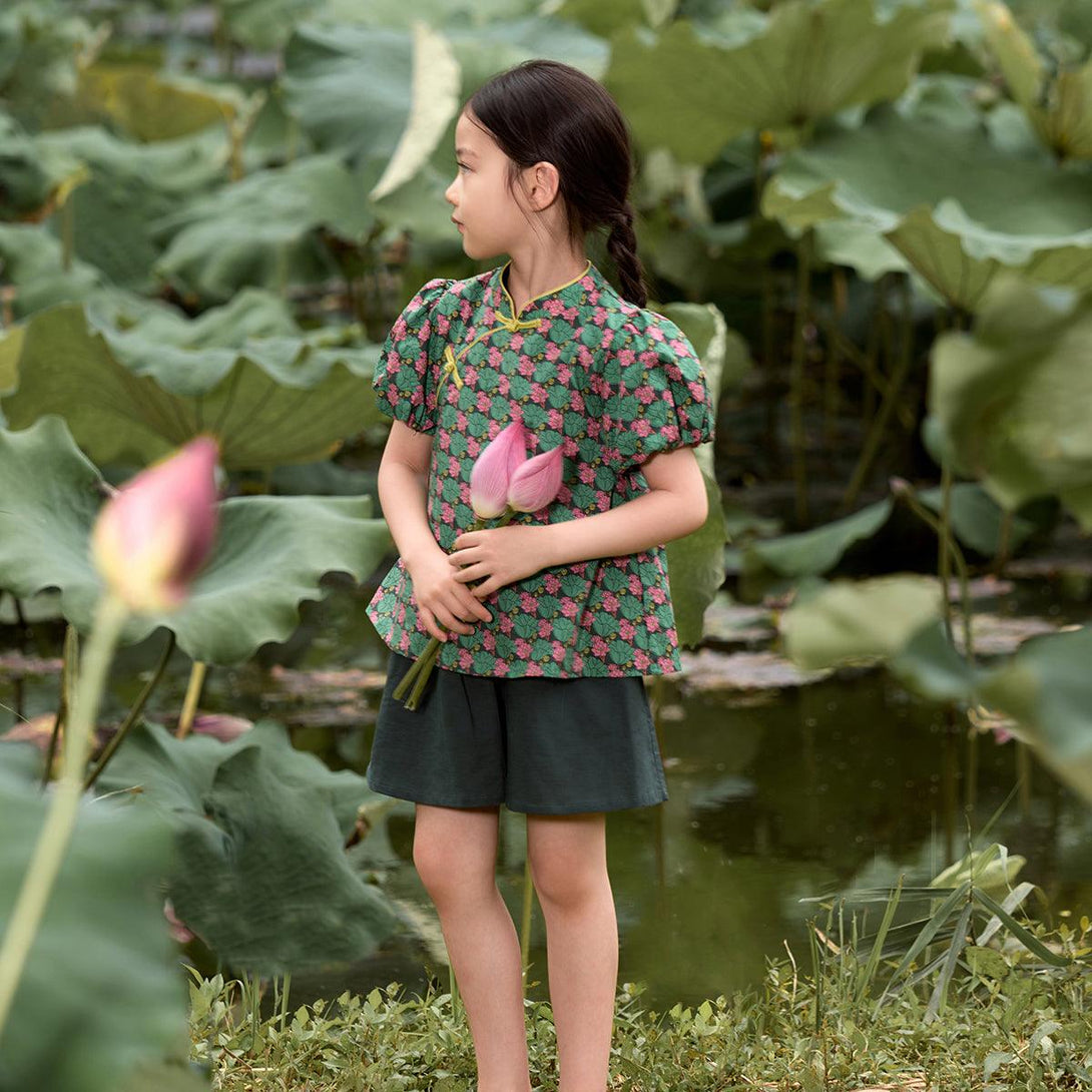 Girls Chinese Style Short Sleeve Cheongsam Collar Shorts Sets 230515 - MARC&JANIE