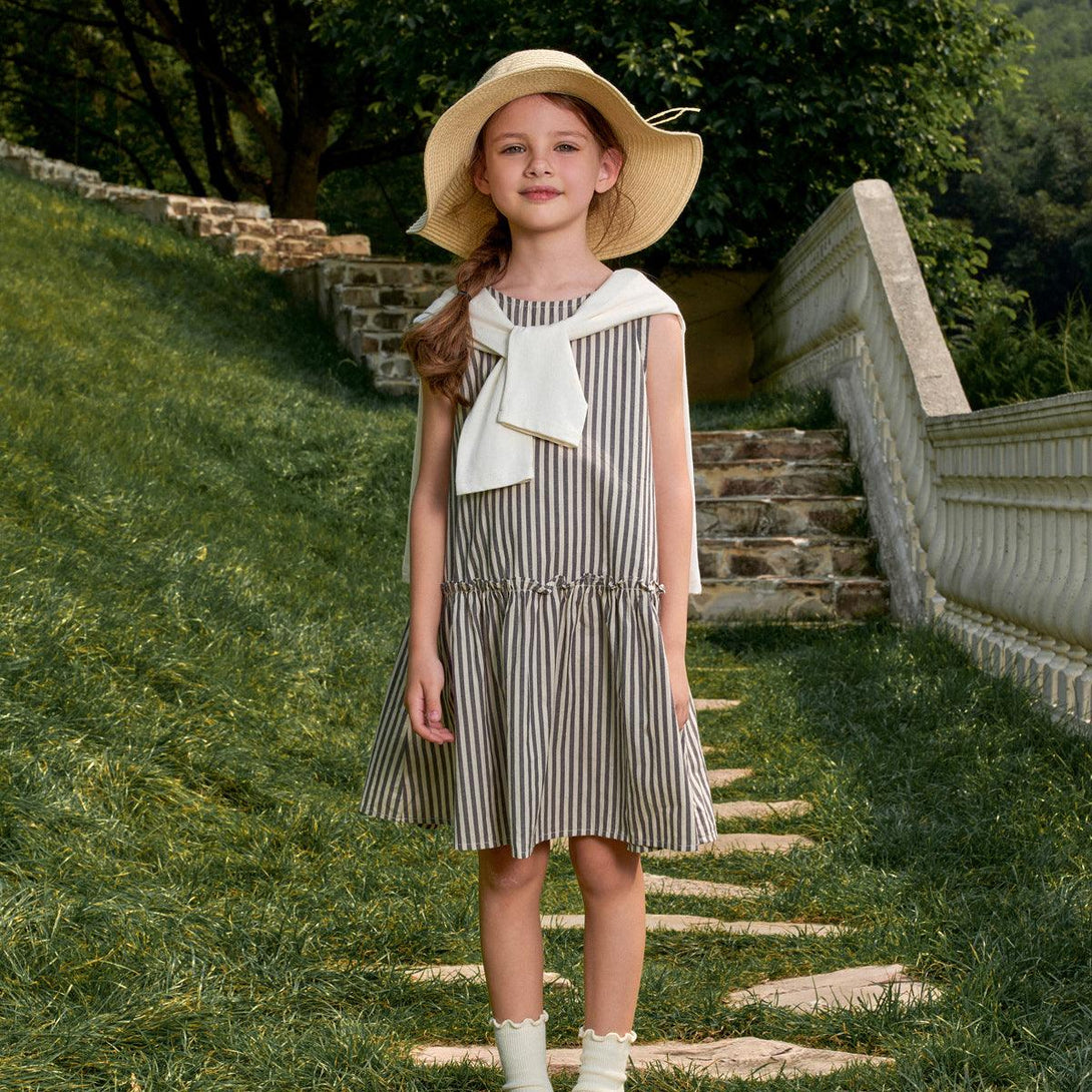 Girls Cotton Gray Beige Striped Dress 230511 - MARC&JANIE