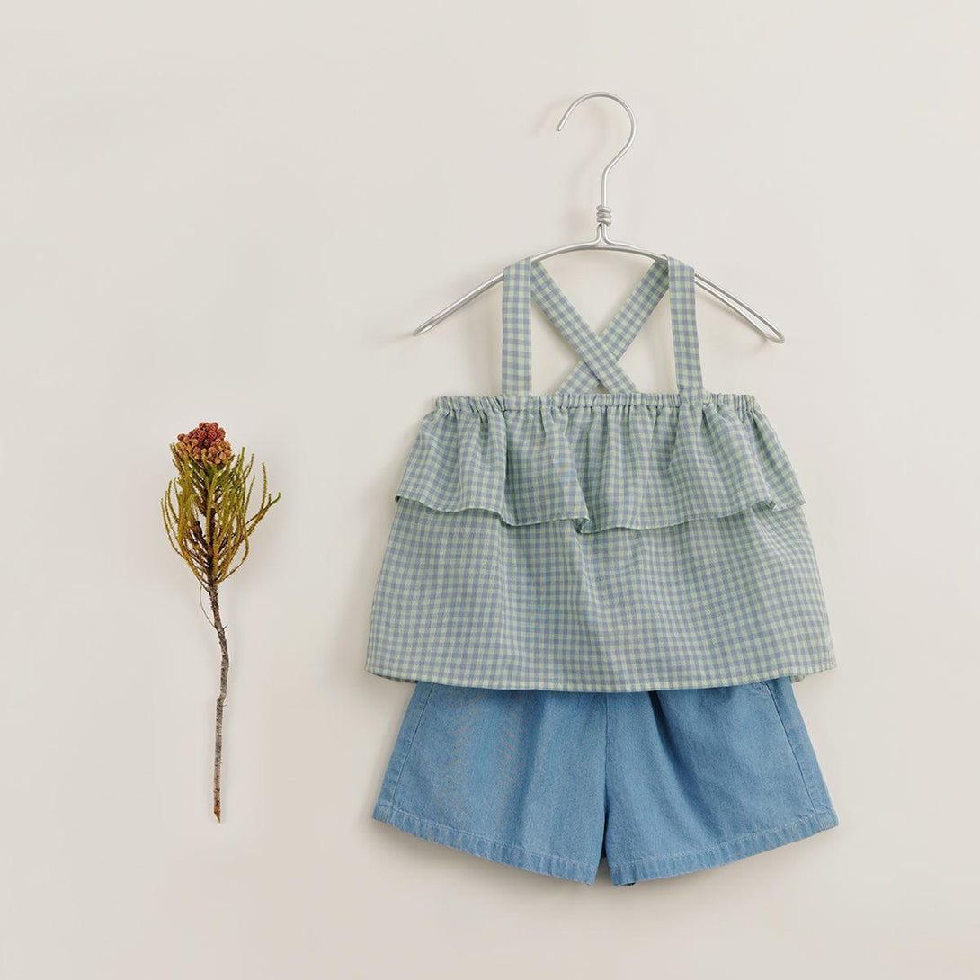 MARC&JANIE Girls Summer Plaid Cotton Suspenders Short Sets 231060 - MARC&JANIE