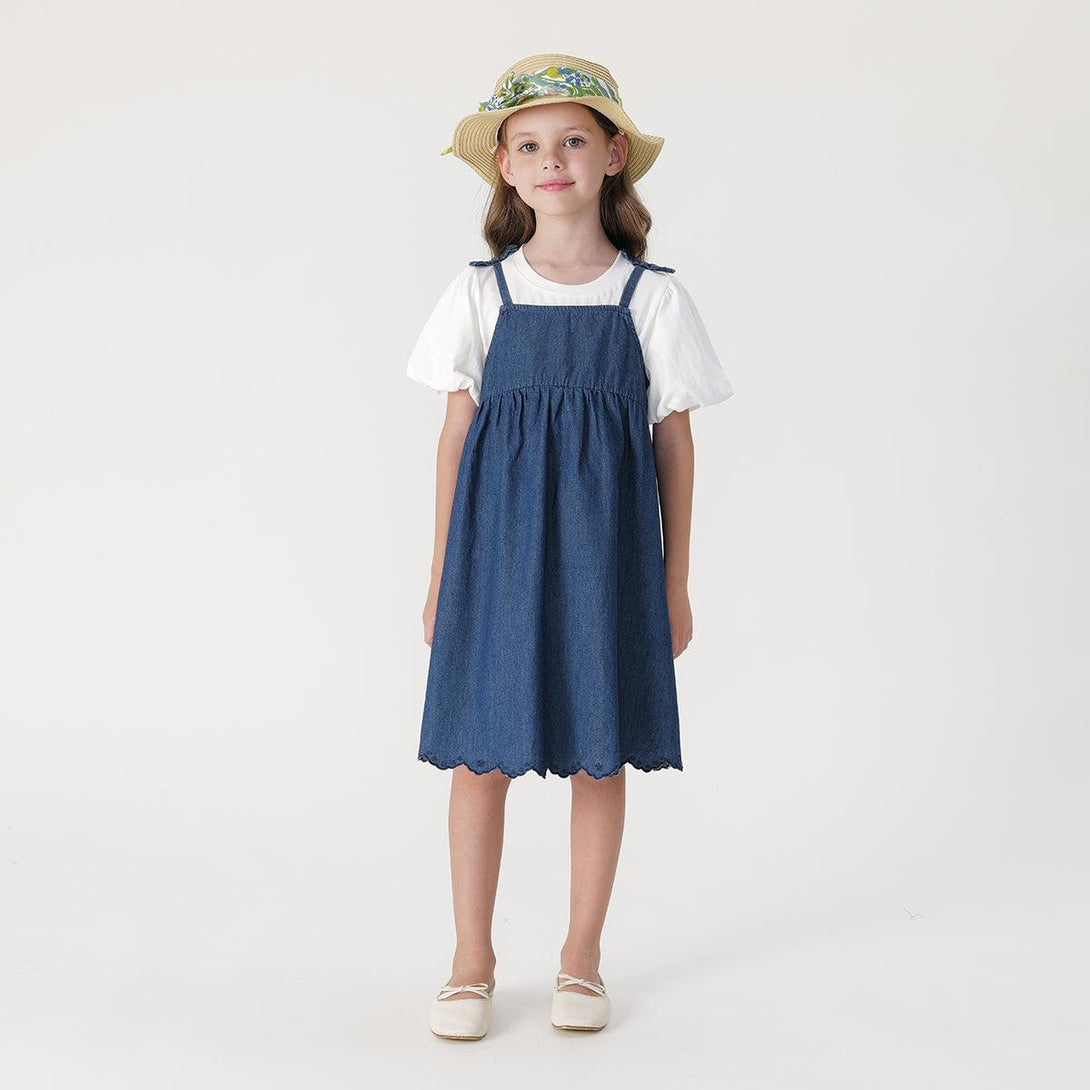 Girls French Style Denim Dress with Bow Suspender Dress 240572 - MARC&JANIE