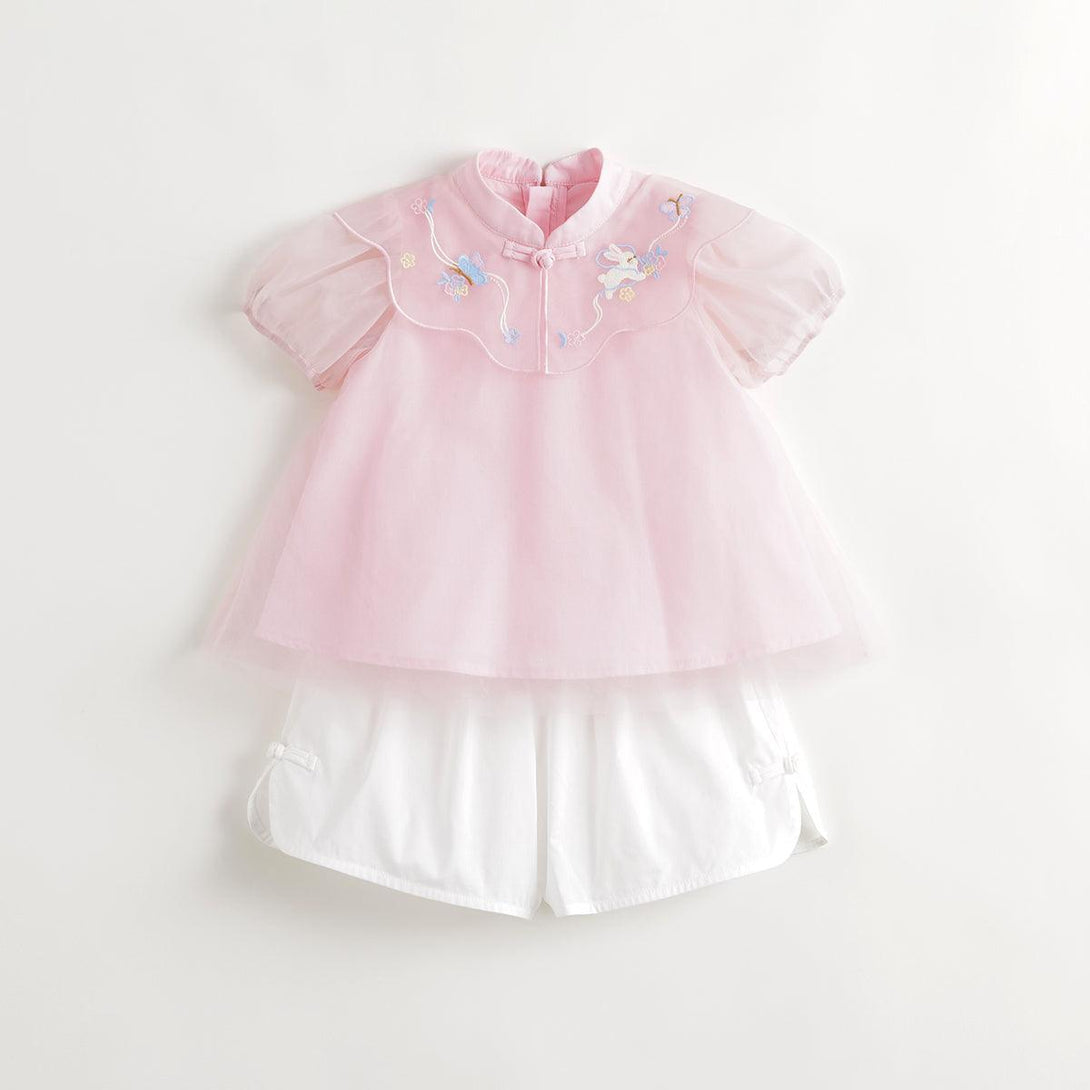 MARC&JANIE Girls Embroidered Jade Rabbit Cloud Shoulder Short Sleeve Set for Summer 240707 - MARC&JANIE