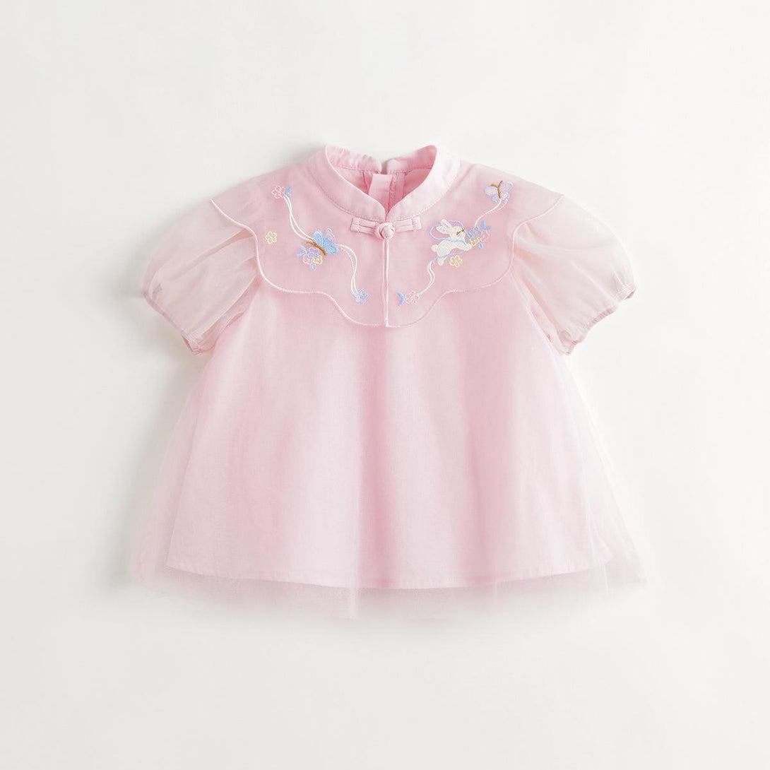 MARC&JANIE Girls Embroidered Jade Rabbit Cloud Shoulder Short Sleeve Set for Summer 240707 - MARC&JANIE