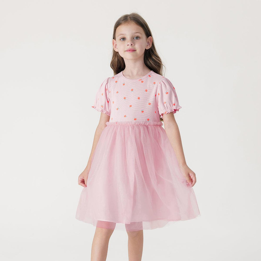 Girls Floral Ribbed Bubble Sleeve Mesh Dress Princess Dress 240722 - MARC&JANIE