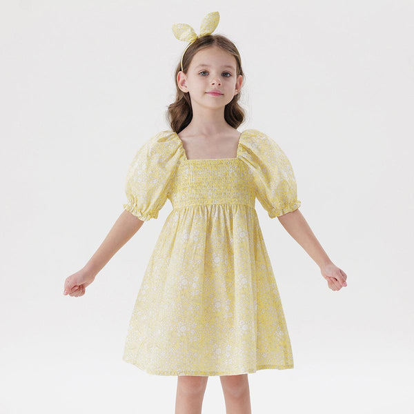 MARC&JANIE Girls Summer Flower Bubble Sleeve Dress Children's Princess Dresses for Summer (Complimentary Hair Bands) 240681 - MARC&JANIE