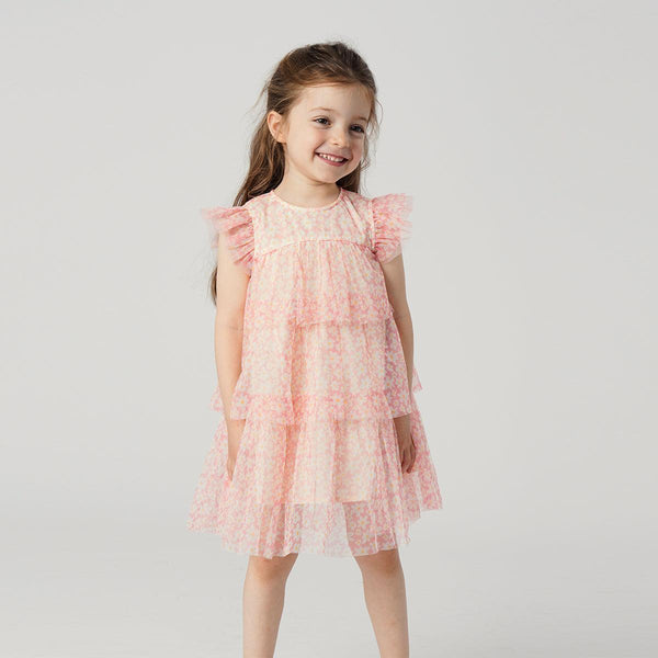 Girls Flutter Sleeve Floral Printed Mesh Dress 220999 - MARC&JANIE