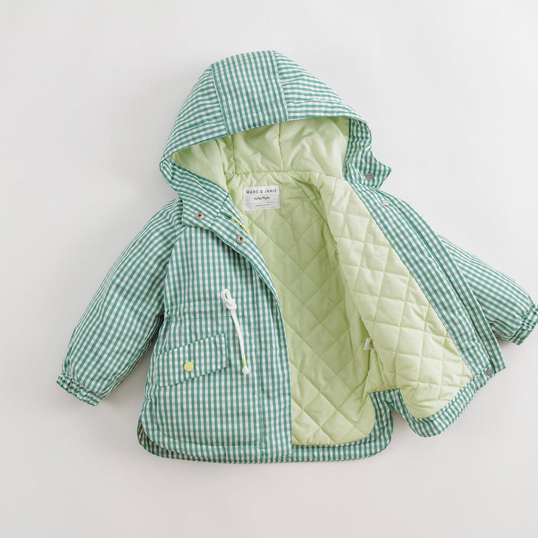 MARC&JANIE Girls Green Check Printed Waisted Hooded Trench Coat Outerwear & Jackets for Autumn 231787 - MARC&JANIE