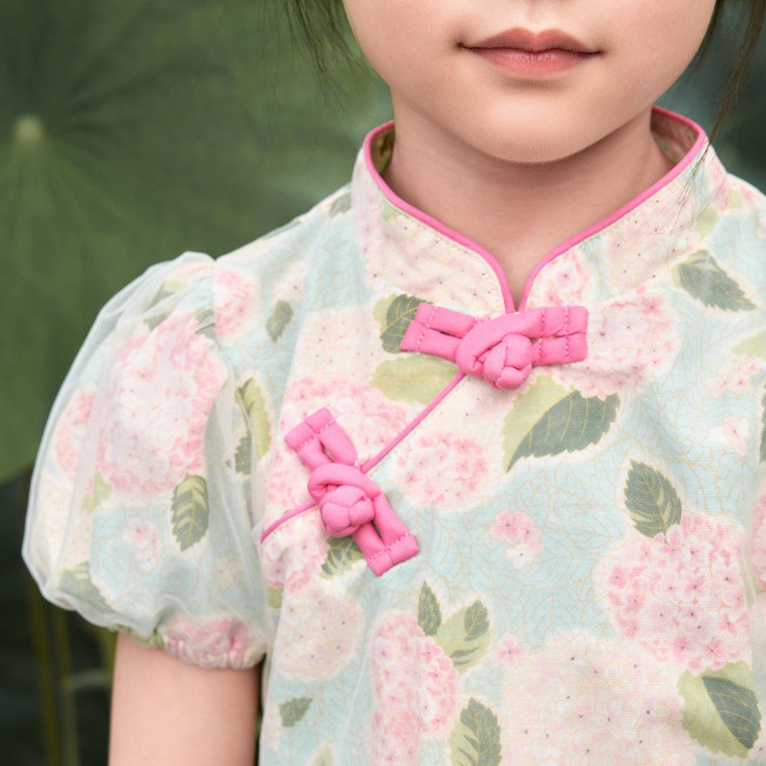 Girls Hydrangea Printed Cotton Linen Cheongsam Dress 230759 - MARC&JANIE