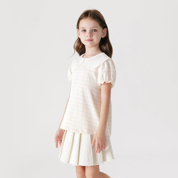 Girls Lace Collar Bubble Sleeve Striped Short Sleeve T-shirt 240786 - MARC&JANIE