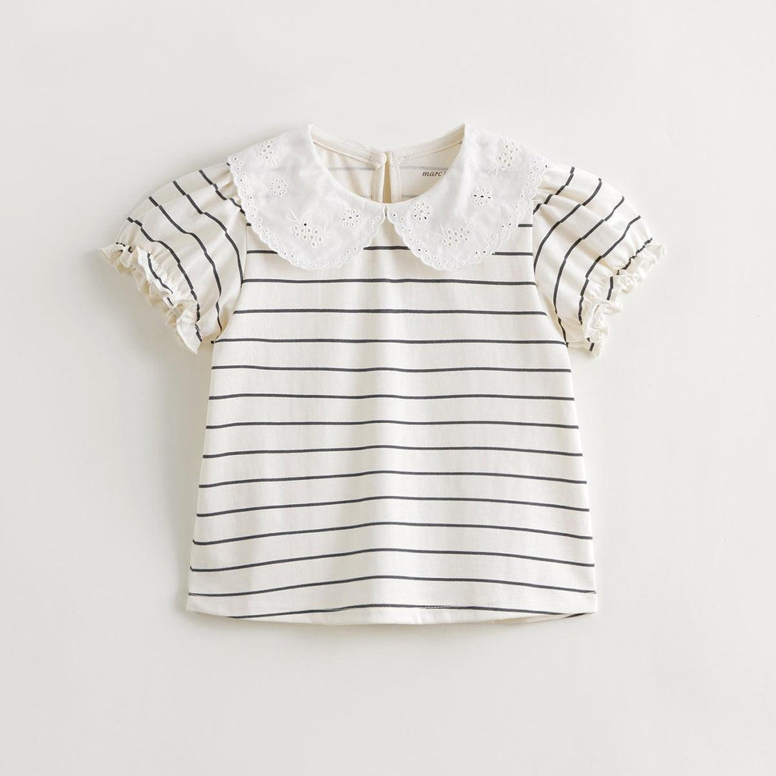 Girls Lace Collar Bubble Sleeve Striped Short Sleeve T-shirt 240786 - MARC&JANIE