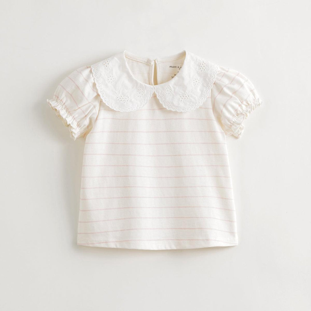 Girls Lace Collar Bubble Sleeve Striped Short Sleeve T-shirt 240786 - MARC&JANIE