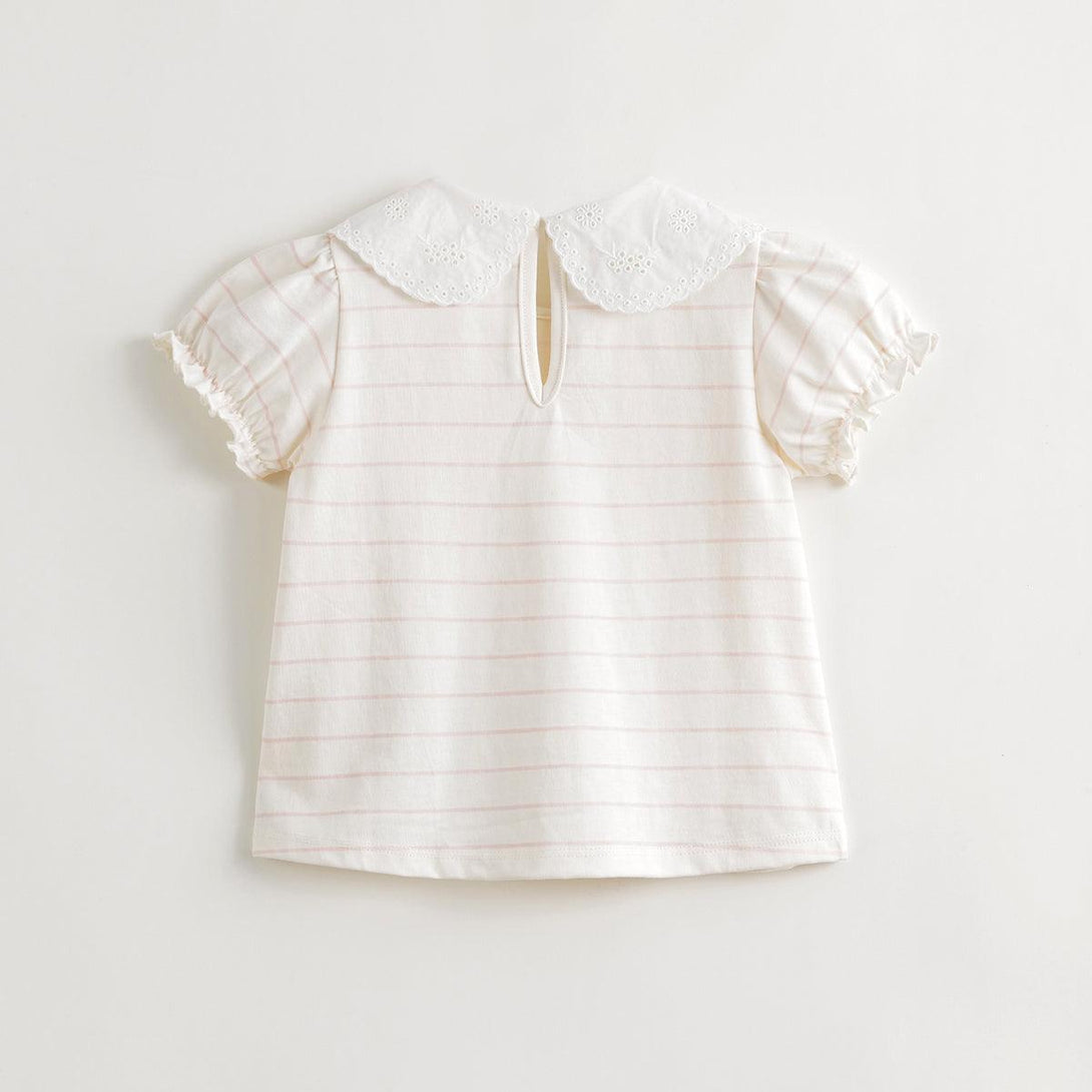 Girls Lace Collar Bubble Sleeve Striped Short Sleeve T-shirt 240786 - MARC&JANIE