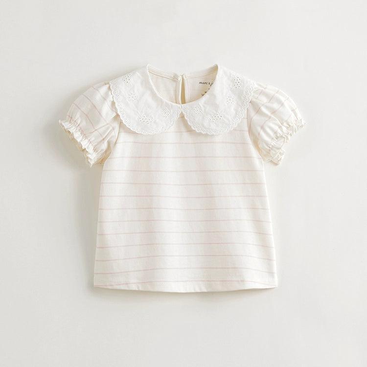 Girls Lace Collar Bubble Sleeve Striped Short Sleeve T-shirt 240786 - MARC&JANIE