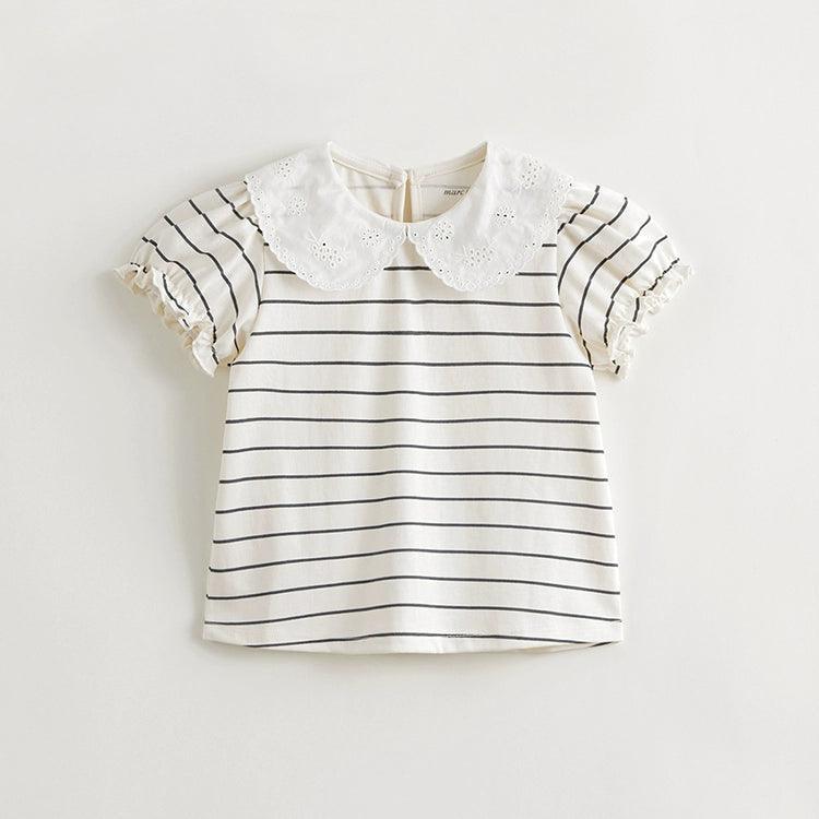 Girls Lace Collar Bubble Sleeve Striped Short Sleeve T-shirt 240786 - MARC&JANIE