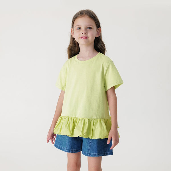 Girls Loose Fit Short Sleeve T-shirt with Ruffle Hem Patchwork 240567 - MARC&JANIE